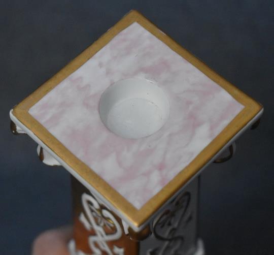 HANDSOME VINTAGE VILLEROY & BOCH GOLD WHITE PINK MARBLE MOTIF COLUMN CANDLESTICK