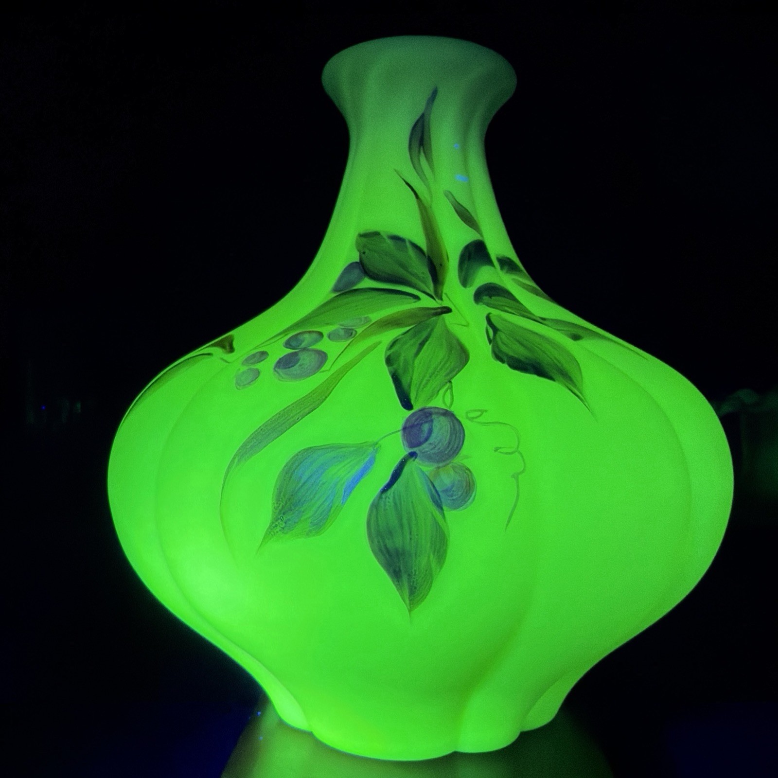 Spectacular Fenton Large Burmese Uranium Hand Painted Melon Vase 10”x9” Signed