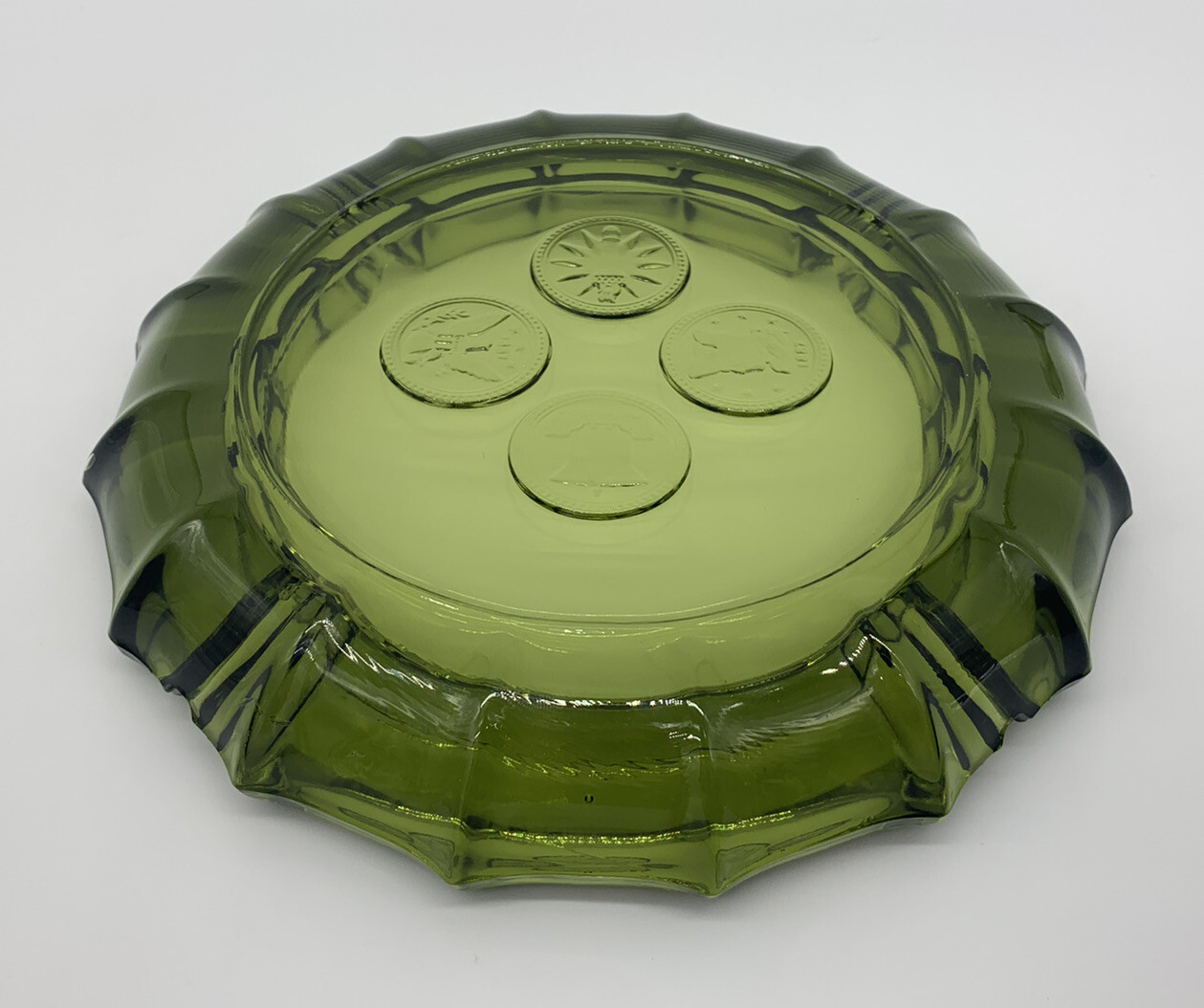 VTG Fostoria Green Glass Coin Dot 8” Ashtray – USA Eagle Liberty Bell 1887