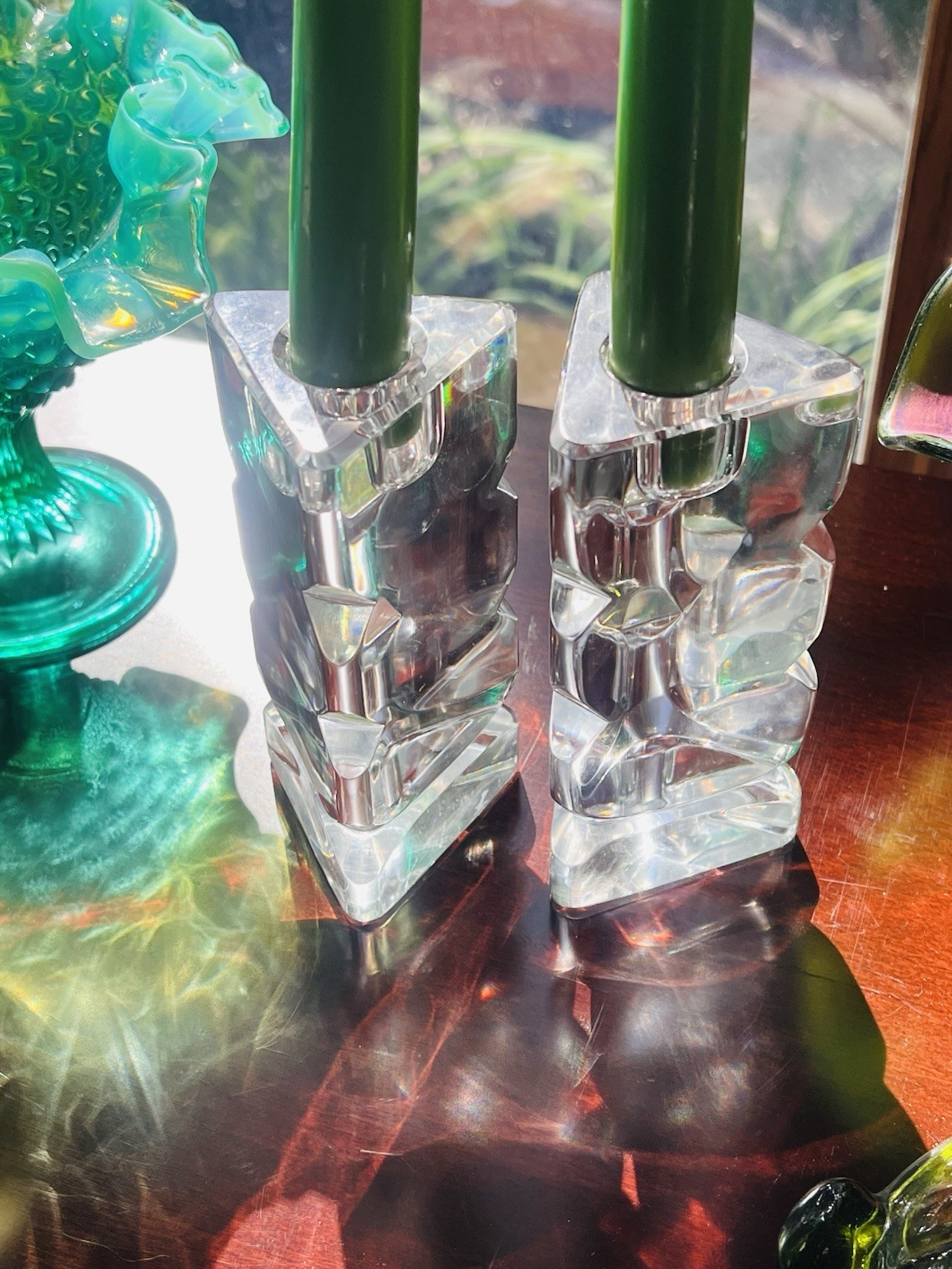 Vintage Rogaska Signed Crystal Candlestick Holders Pair Modernist Prism Triangle