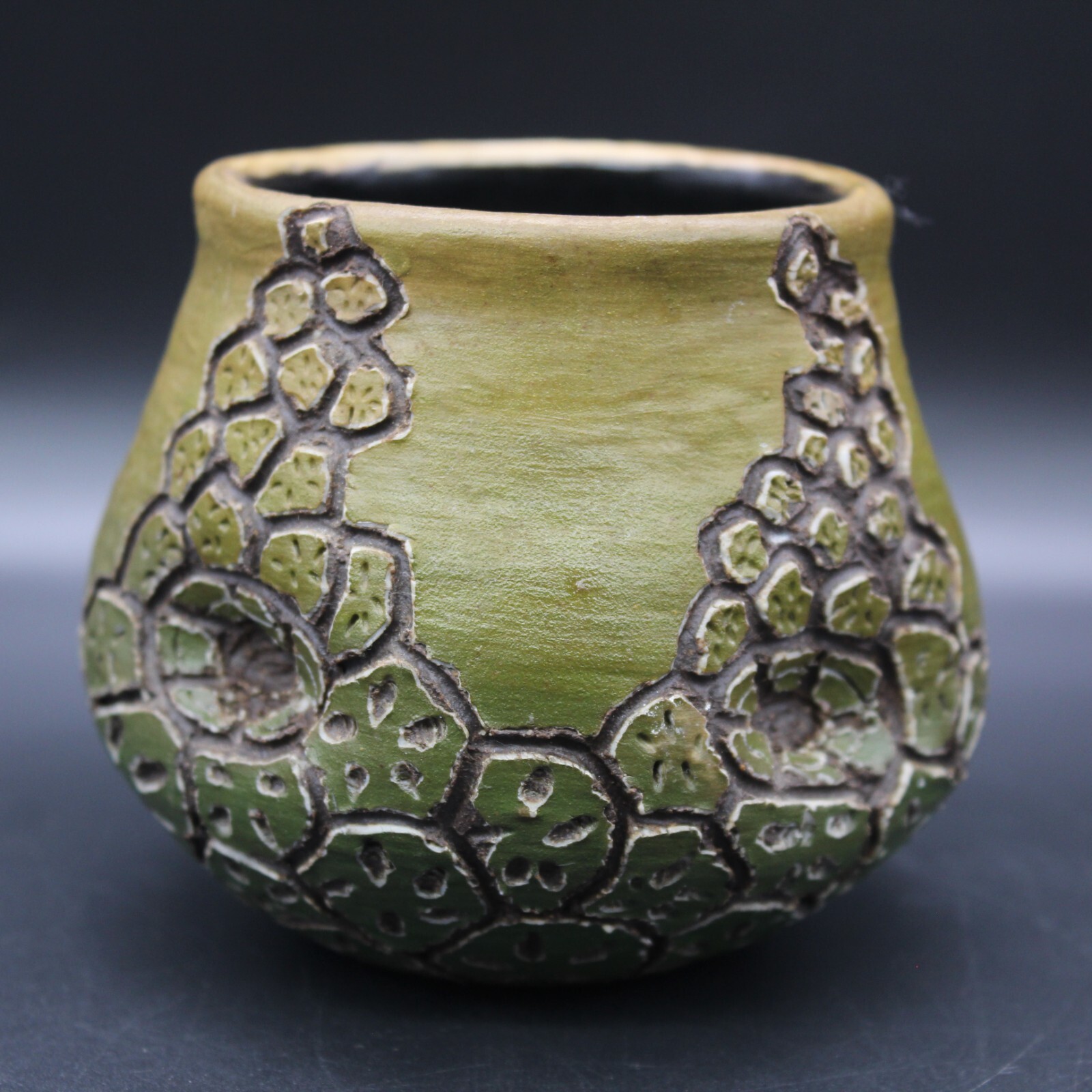 Studio Raku Art Pottery Vase / Planter Prickly Pear Cactus Incised Design 3″