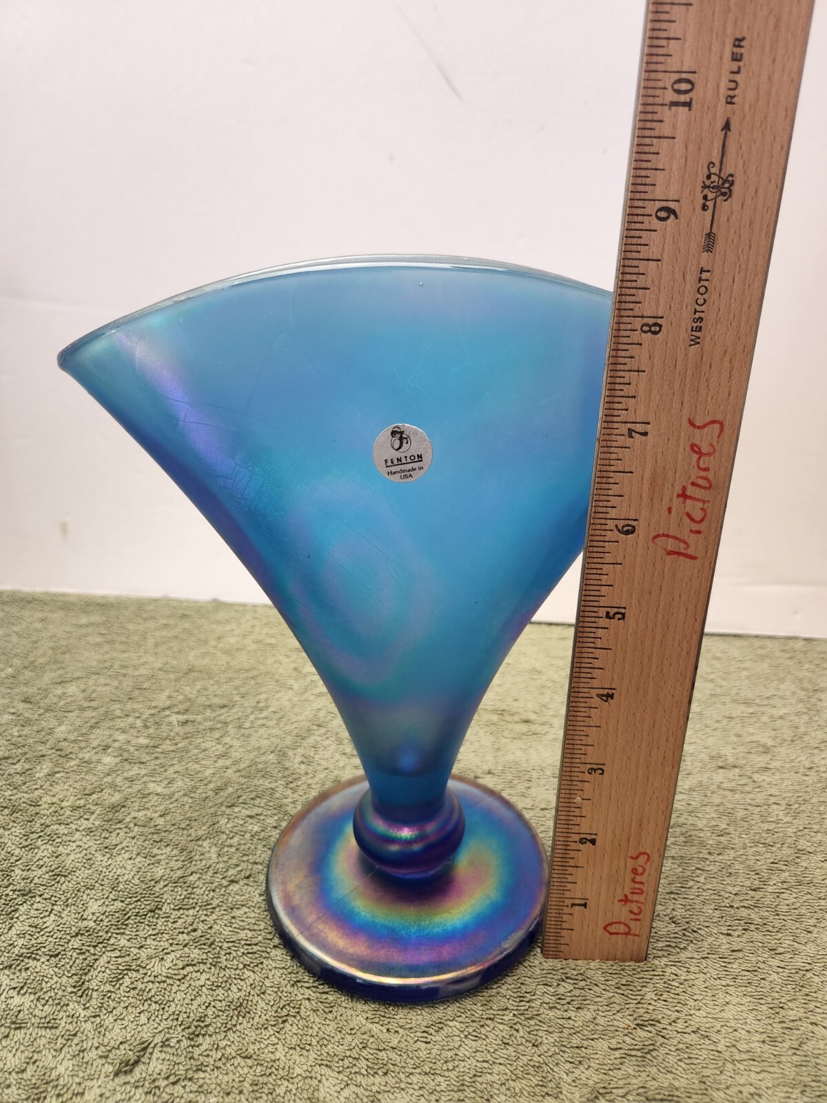 Fenton Blue Iridescent 1970’s Stretch Glass Fan Vase 8.5”