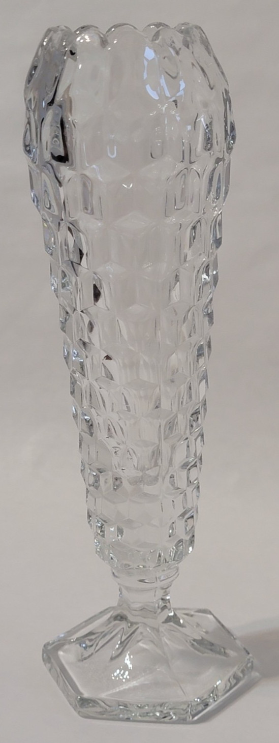 American Cube/Cubist Fostoria Clear Glass Hexagonal Footed Cupped Top Bud Vase