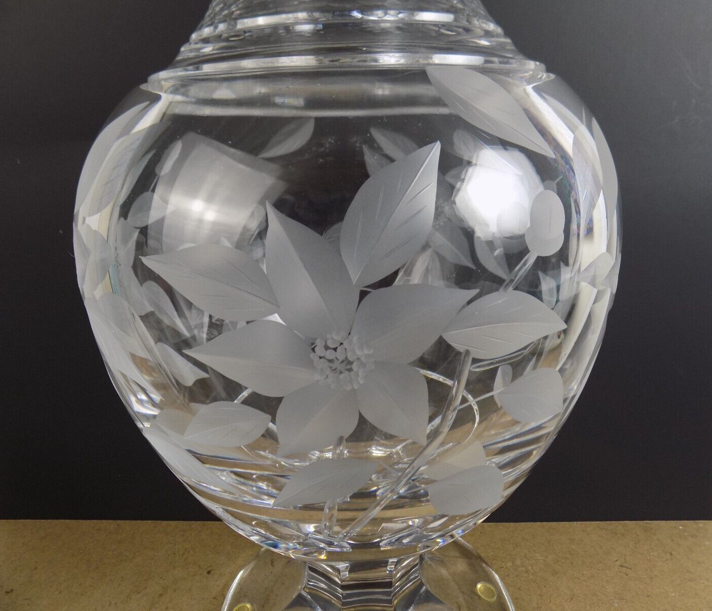 Hoya Crystal Large 16″ Vase signed Hayakawa Engraved Cut Flowers