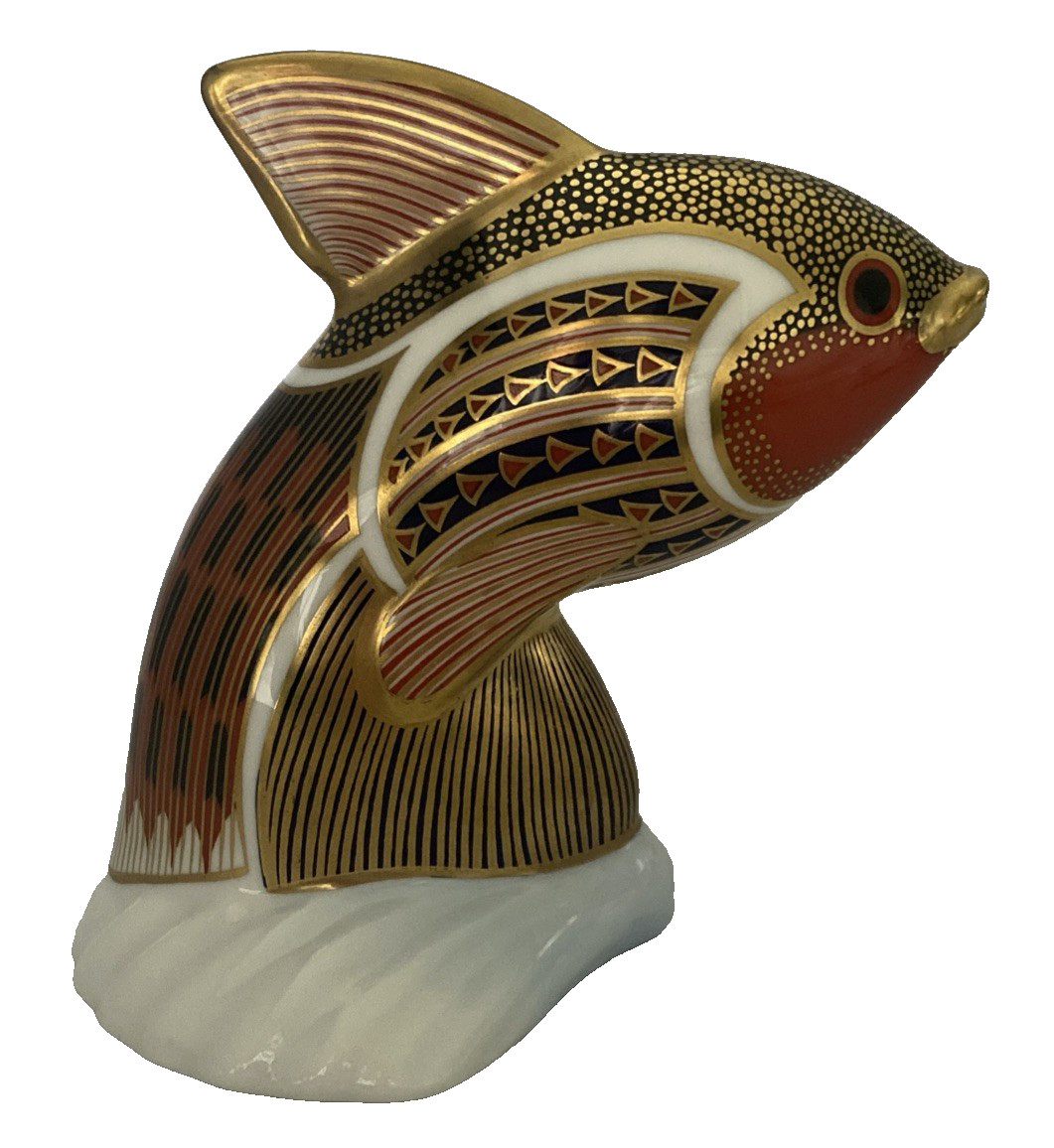 Royal Crown Derby Guppy Tropical Fish Paperweight w/ Gold Stopper 1994