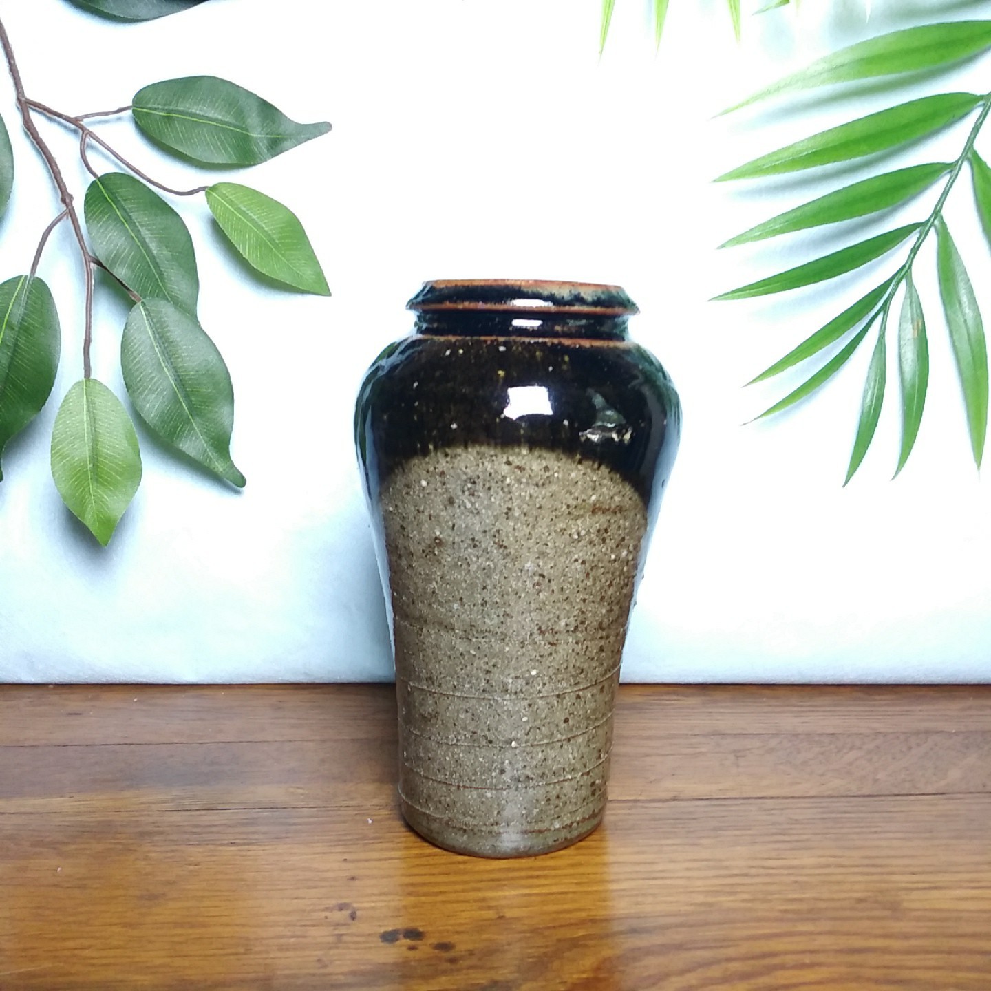 Vintage Studio Pottery Vase Two-Tone Brown Glaze Rustic Tapered 6.5″ Signed