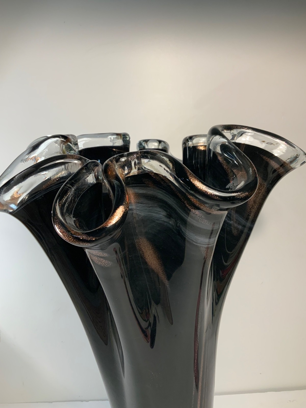 Vintage Hand Blown Black Glass Tall Ruffle Vase with Copper Specks 16.5 in.