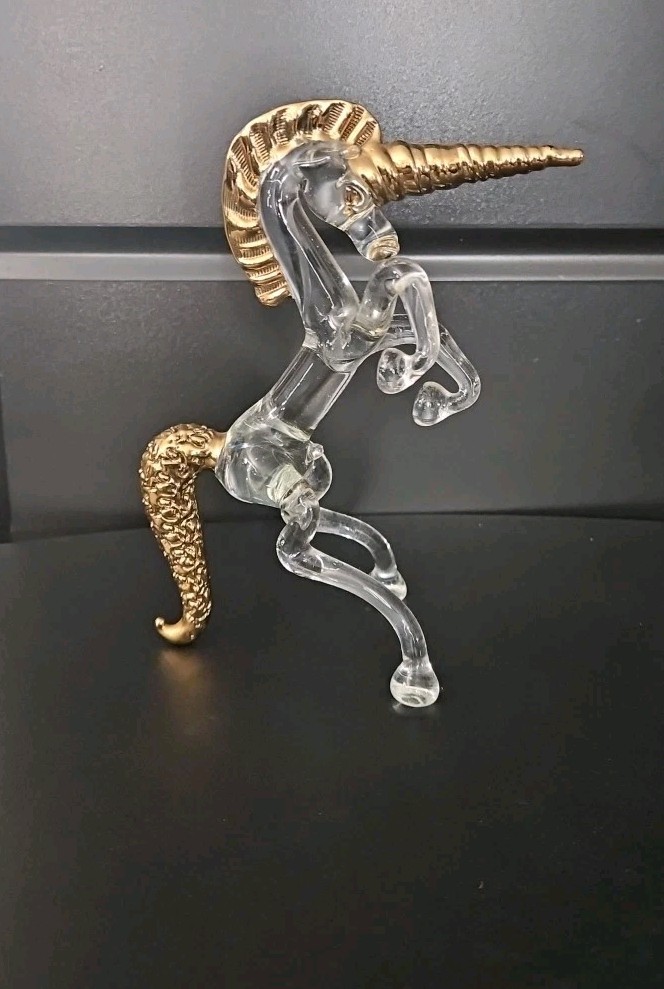 Unicorn Horse Figurine Figure Hand Blown Glass Art Myth Gold Trim 7″ Beautiful