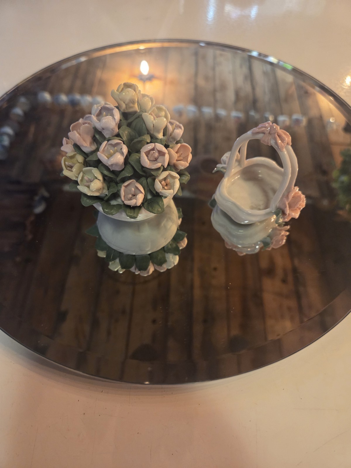 2pc Porcelain Floral Figurine Set Vase Bouquet & Mini Basket Glossy 3D