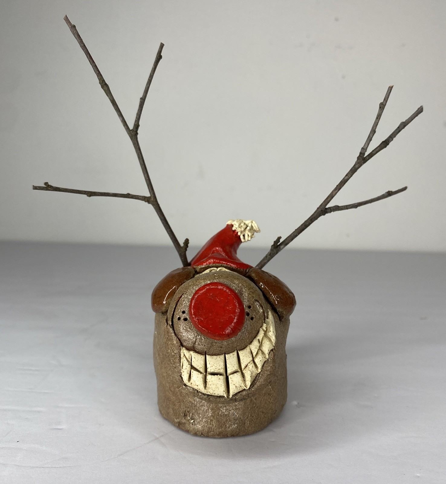 Vintage MCM Hicks Pottery Humorous Christmas Reindeer Dog Signed 3 Inches