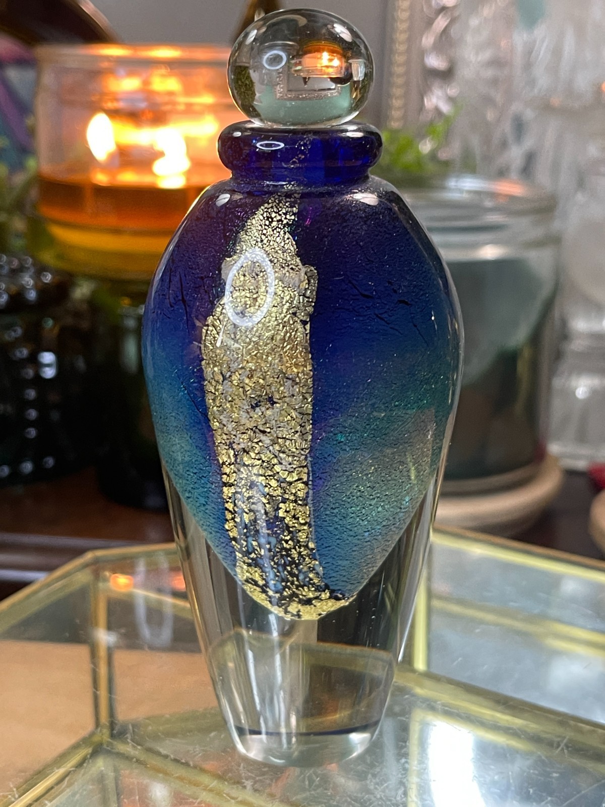 Eickholt Glass Perfume Bottle Paperweight Art Glass Gold Leaf Signed 2004 Earth