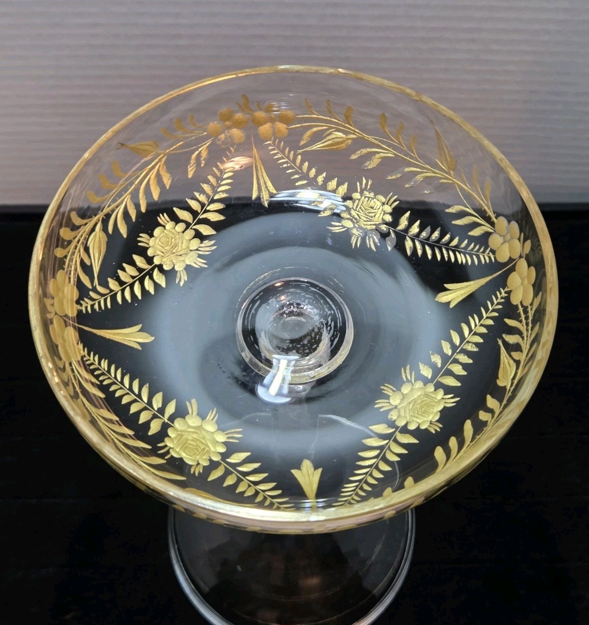 Antique Moser Tazza/ Compote Large Cut Crystal with Gold Gilt Intaglio Style 8″