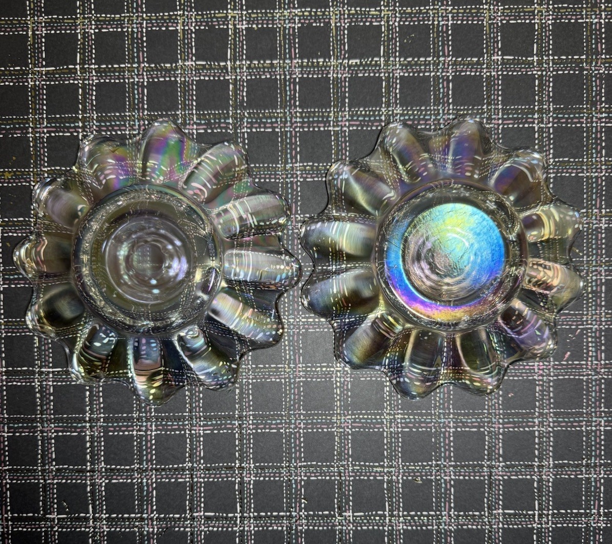 Celestial Atomic Starburst Iridescent Federal Glass 5 3/8” Candle Holders Set
