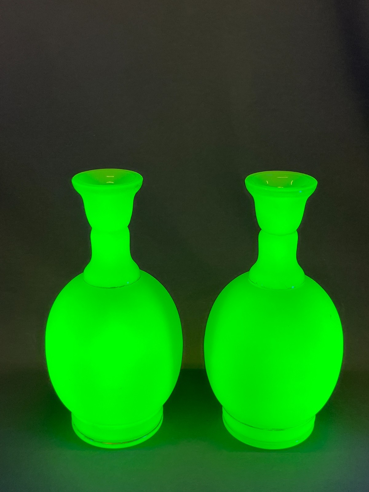 2 ~ 19th C. French Opaline Satin Uranium Glass 9″ Bottle Vases