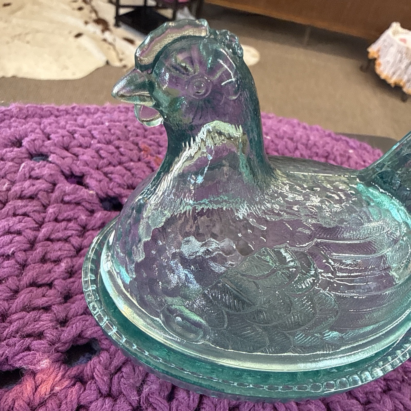 Vintage Aqua Blue Glass Hen on Nest Covered Dish 5″ Manganese UV Glow Chicken