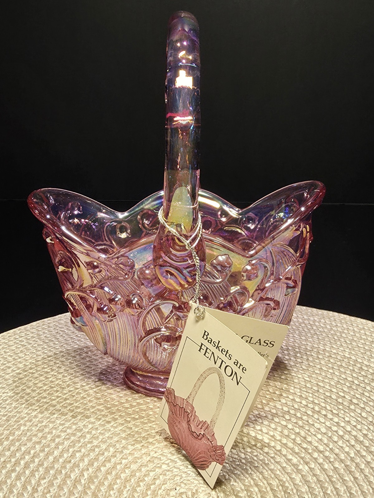 STUNNING FENTON ART GLASS PINK BASKET LILY OF THE VALLEY WITH HANG TAG – NICE!!