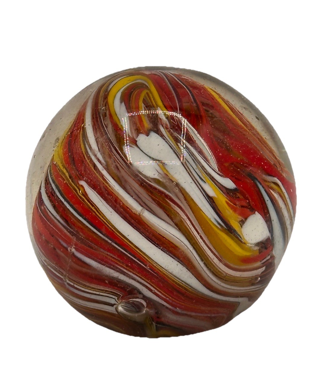 Glass Paper Weight Hand Blown with Swirls of Red Yellow White Label India