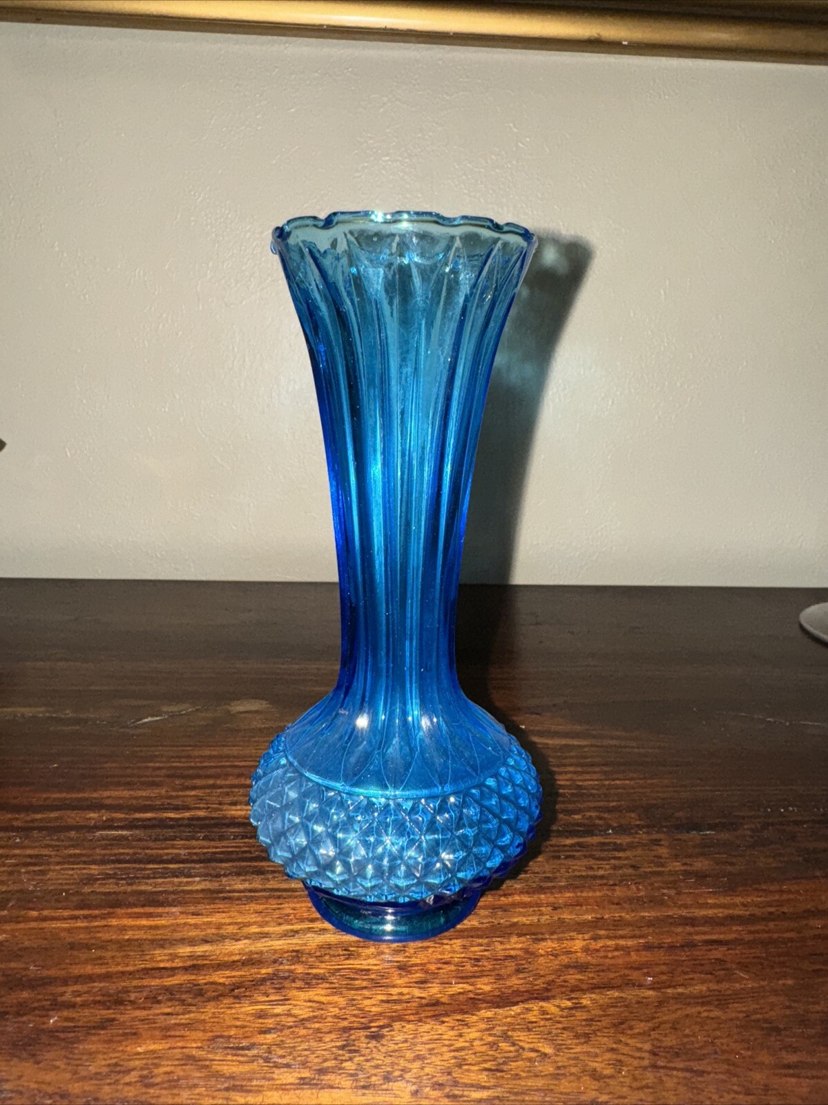 Vintage 6″ Diamond Point Blue Glass Bud Vase Pressed Vase
