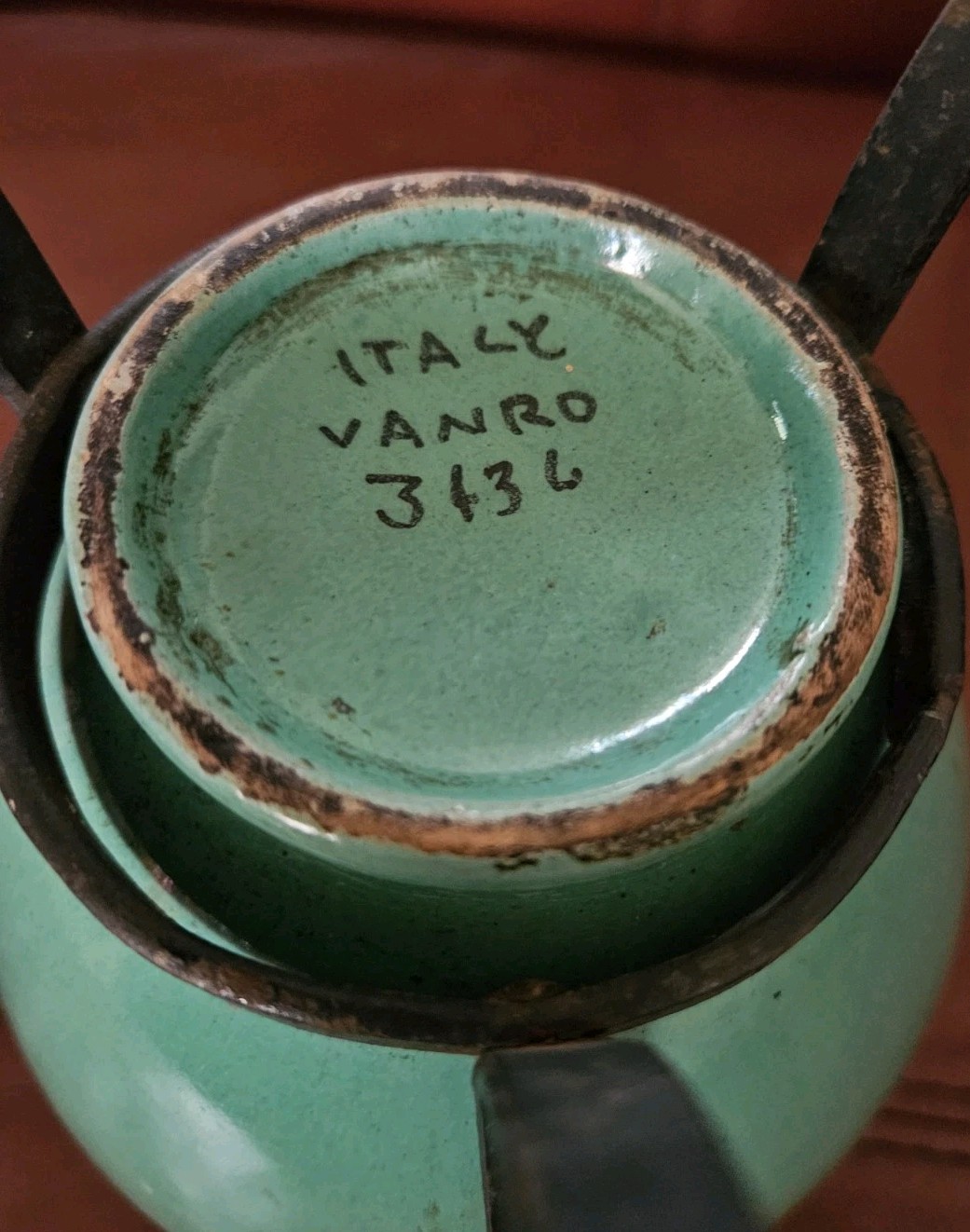 Vanro Italy Blue Green Glazed Pottery Vase Vessel in Iron Stand #3136