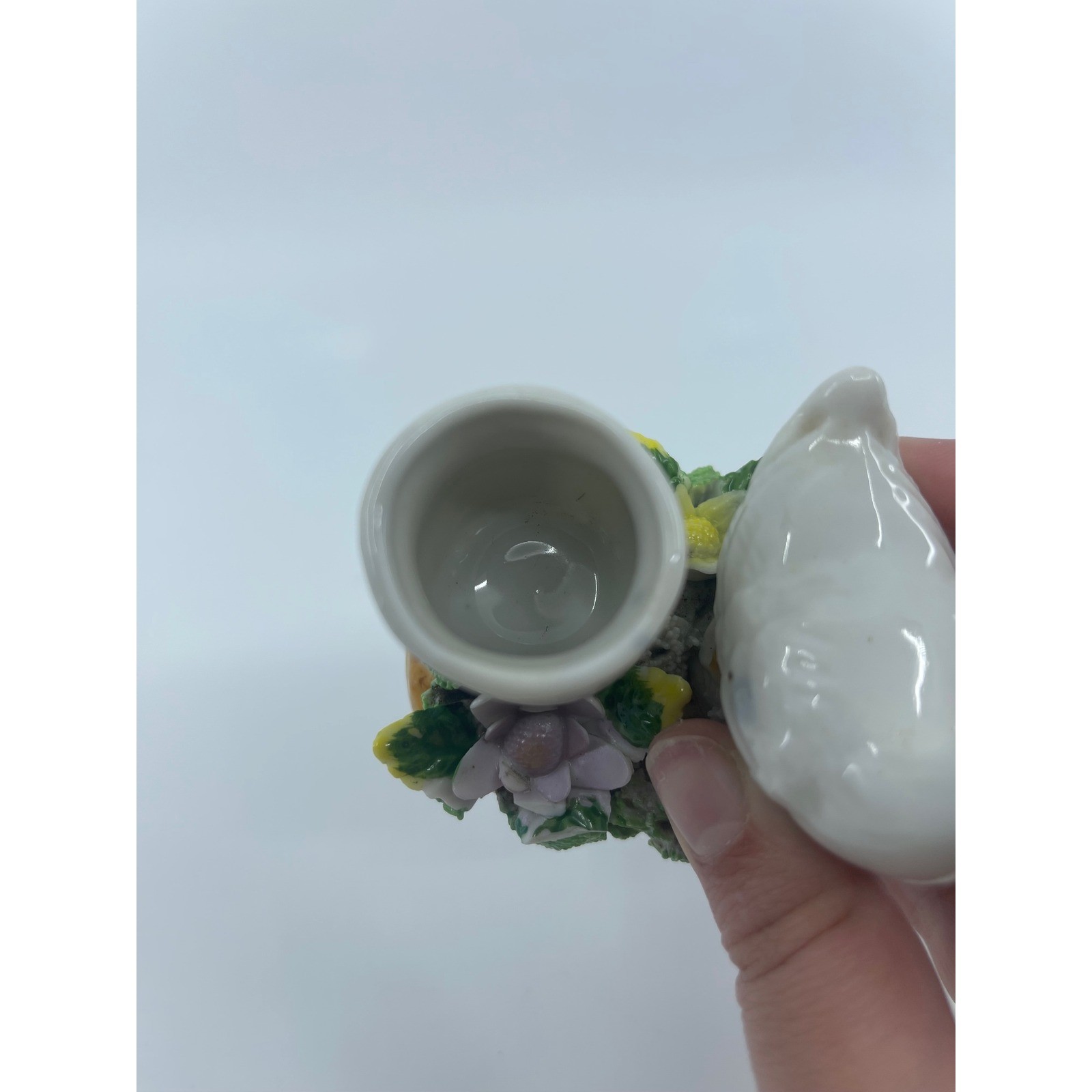 Vtg Ceramic Goose Planter Pot Holder With Purple Lily Flowers 4″