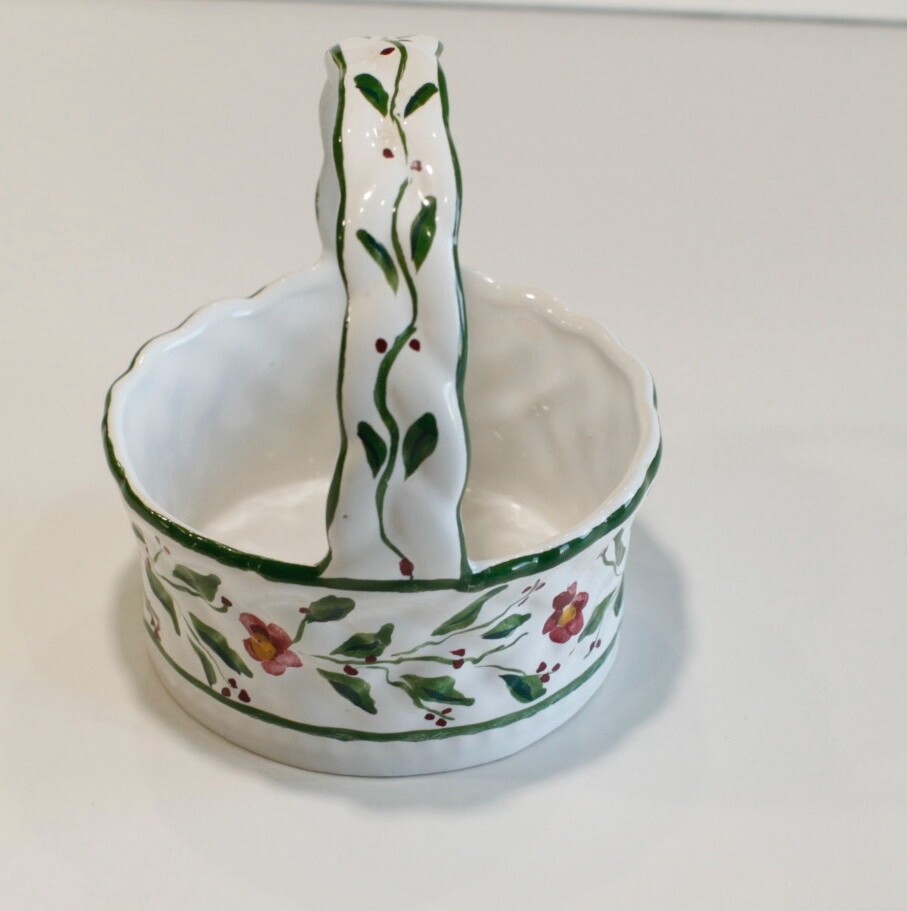 Portuguese Ceramic Basket With Handle Floral Design RC & CL