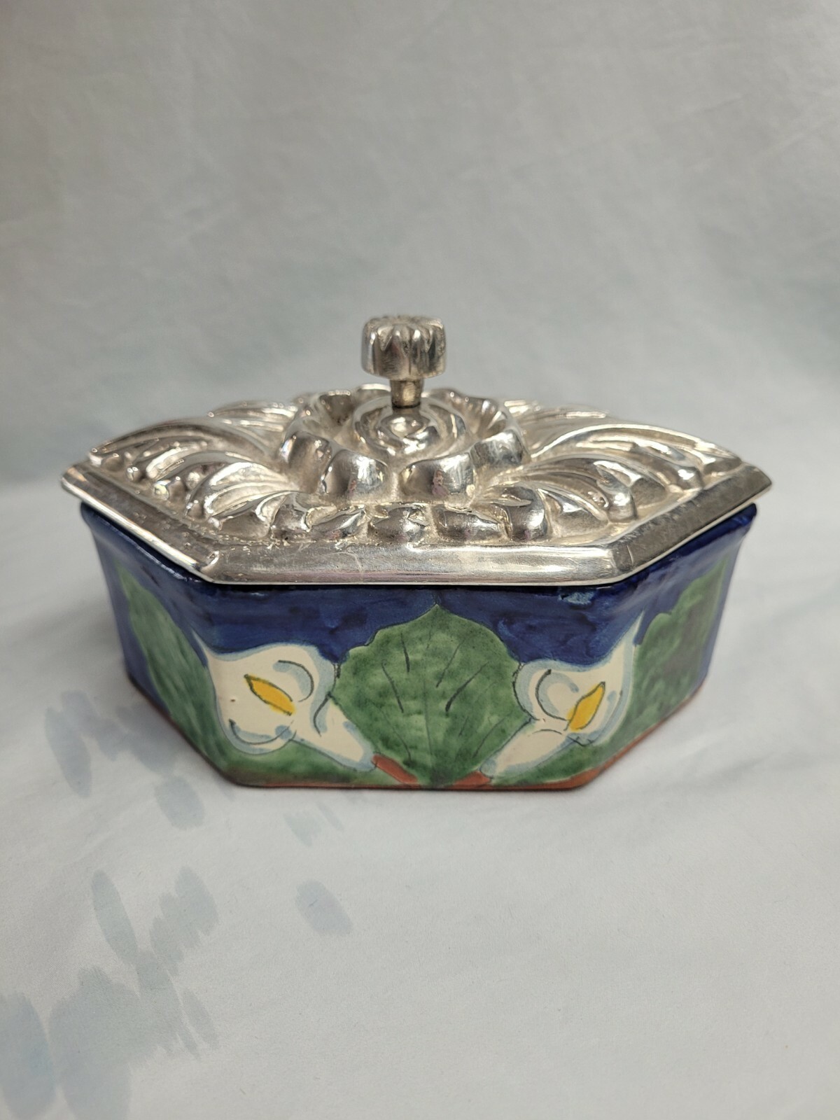 Unique Studio Art Pottery Handmade Ceramic Trinket Box w Aluminum Lid Rare HTF