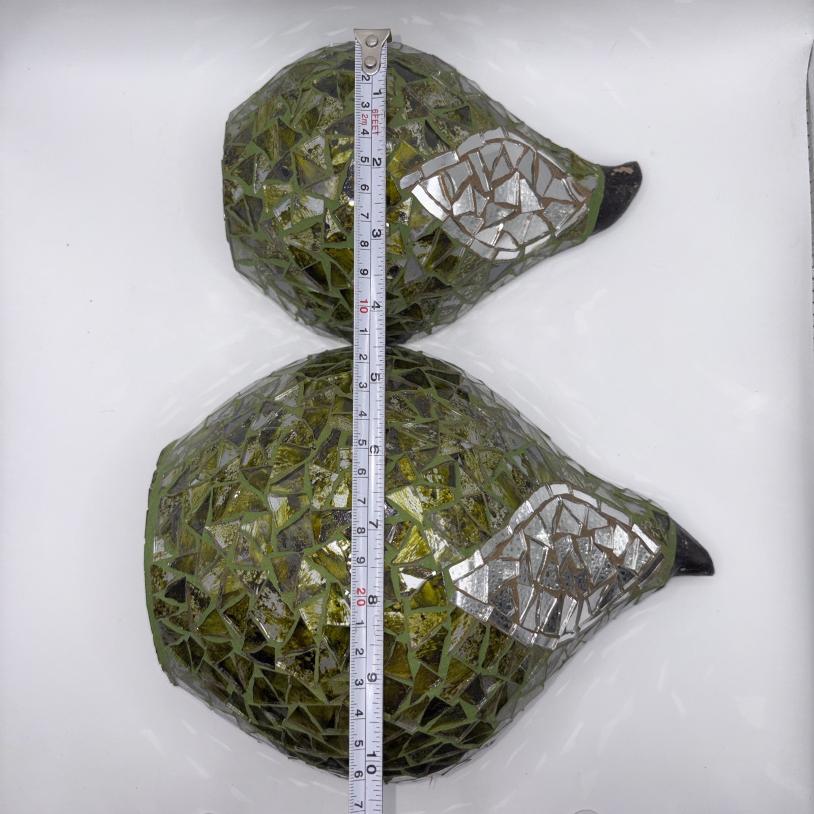 Set 2 Green Mosaic Glass Pear Figurines Hand Thrown Clay Art Pottery Decor MCM