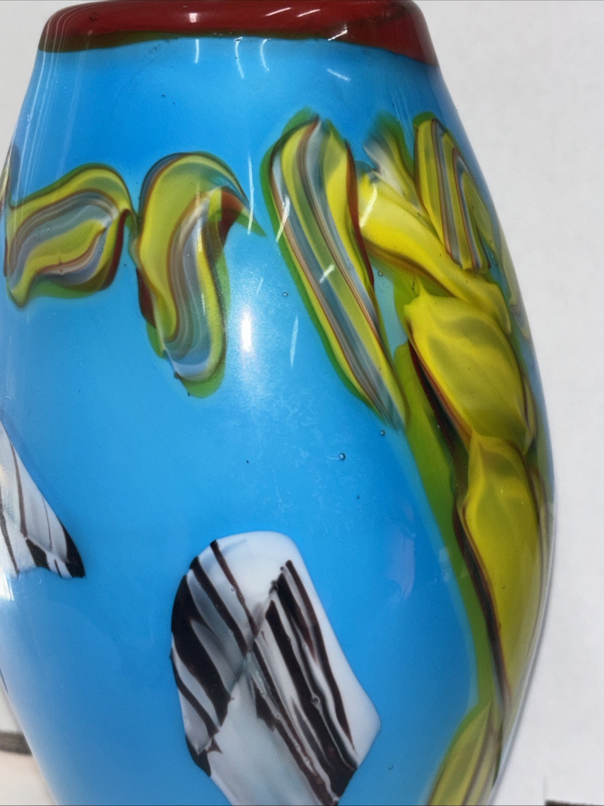 Lovely Murano Style Hand Blown Art Glass Oval Vase Blue Green Abstract 10 3/4”
