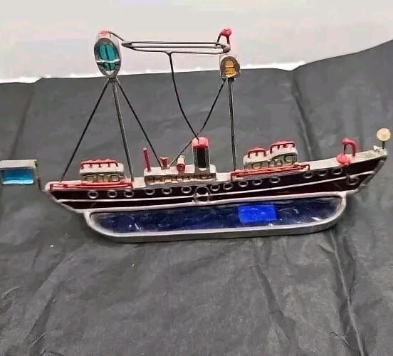 Stained Glass Sailing Ship Nautical Sail Boat Blue Red Handmade 7.25″ X 4.25″