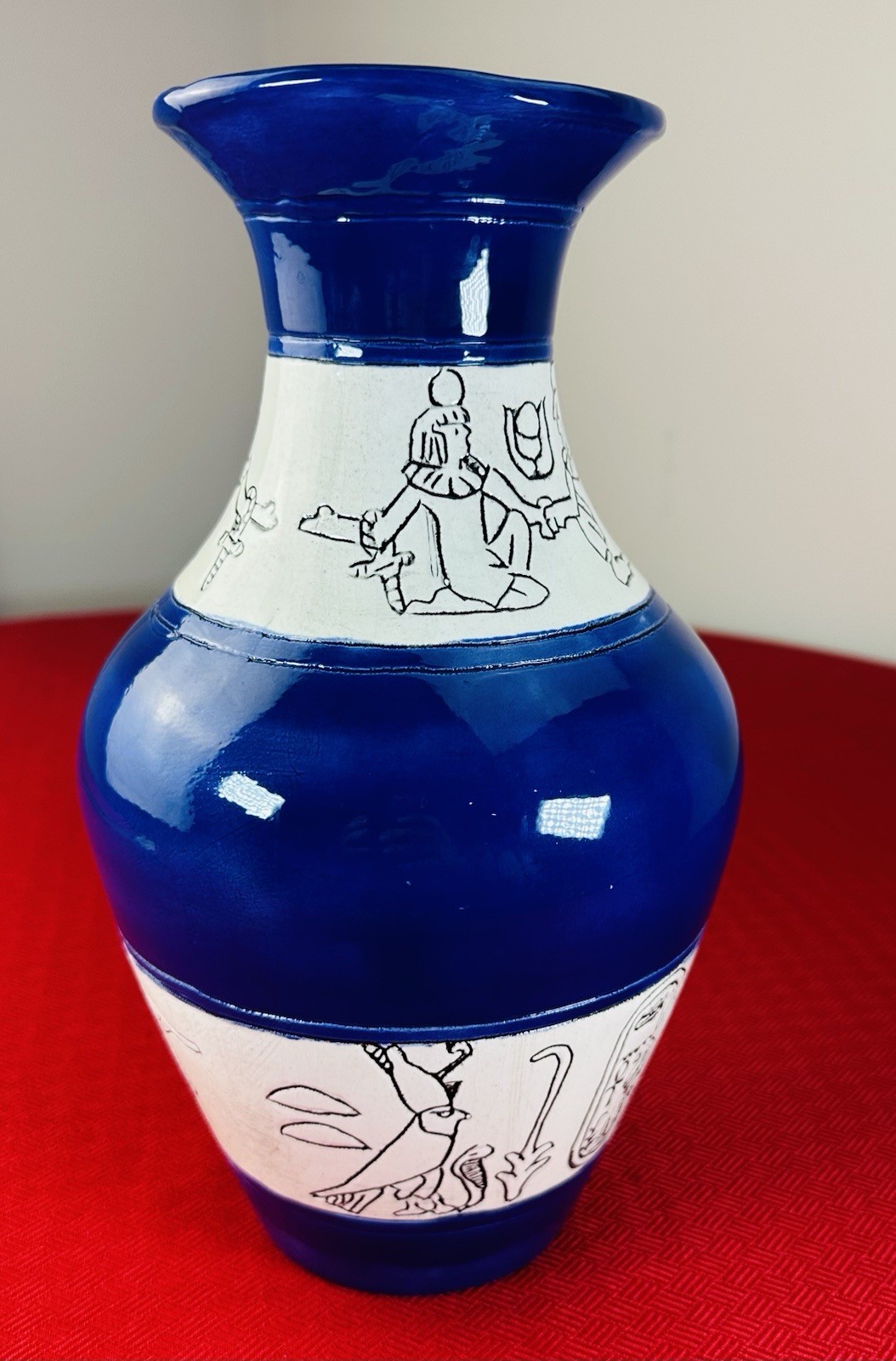 Vtg Egyptian Revival Blue Ceramic Vase Hand-Painted Hieroglyphs 10” BUR 4779