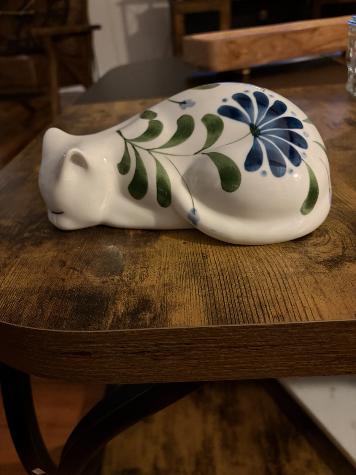 Vintage Dansk White Porcelain Sage Song Sleeping Cat Blue Flowers Figurine 8″x5”