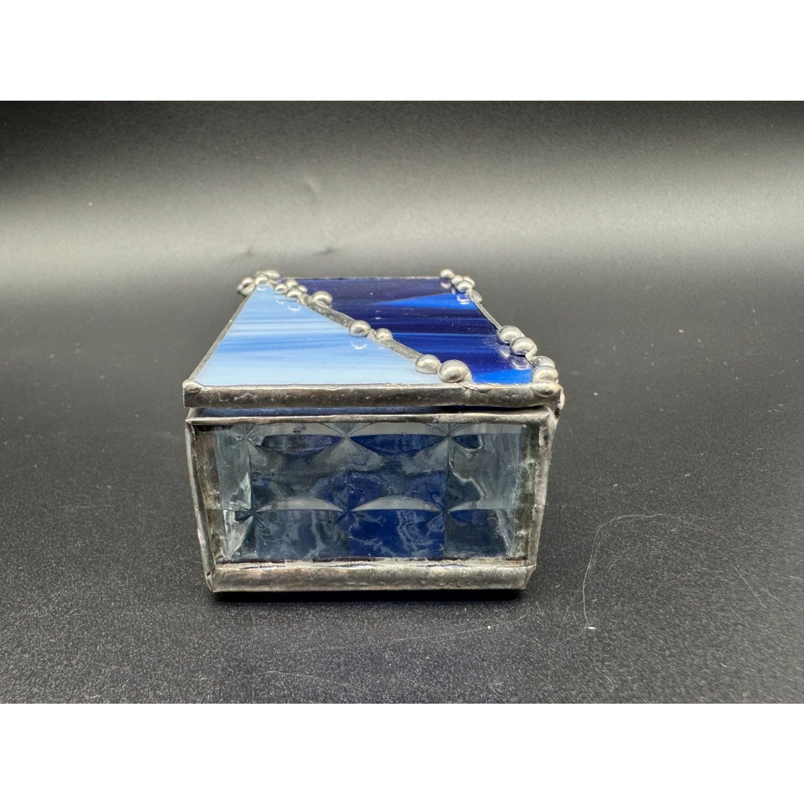 Art Glass Leaded Hinged Box Cobalt and Light Blues. 3″x 2″