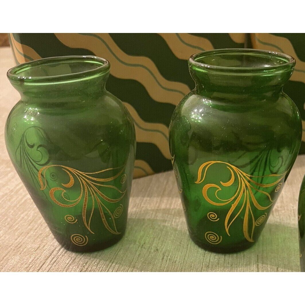 ANCHOR HOCKING Vases Forest Dark Green Glass Gold Leaves 8 Original Boxes