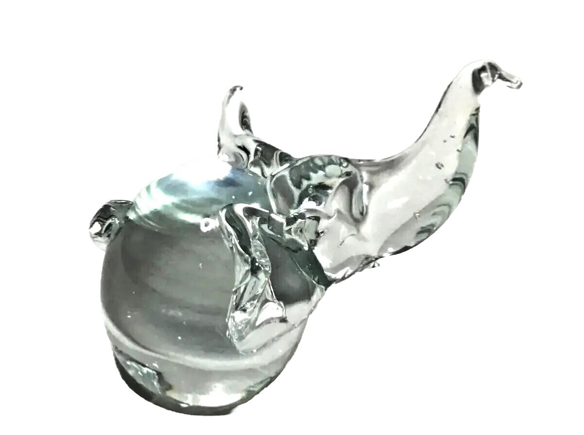 Glass Elephant Trunk Up Figurine Small Paperweight 3.25″ T At Trunk Vintage