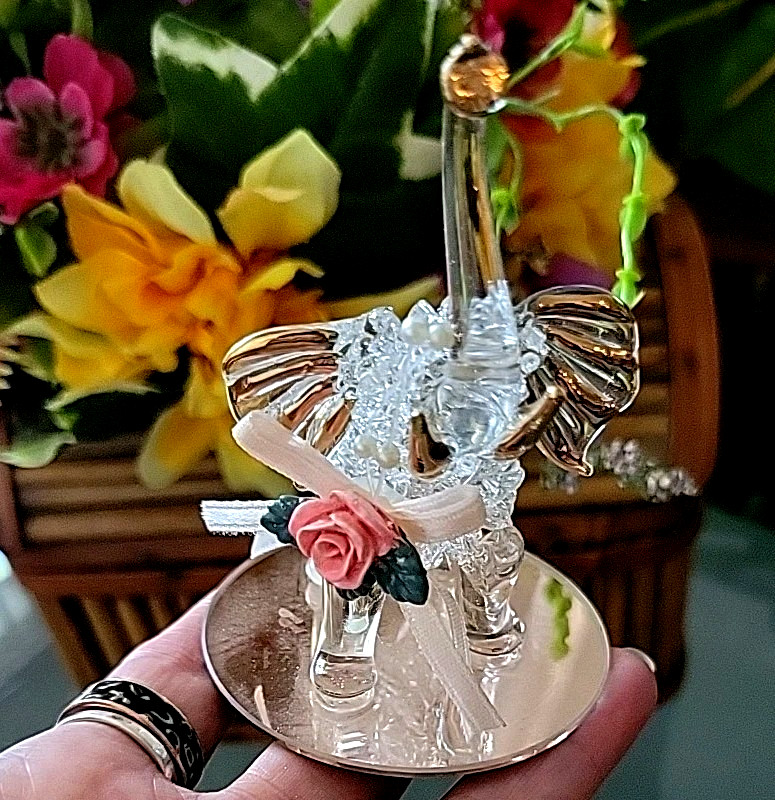 Elephant Handblown Glass Trunk Up Wearing Flower Viollet Base Statue vtg