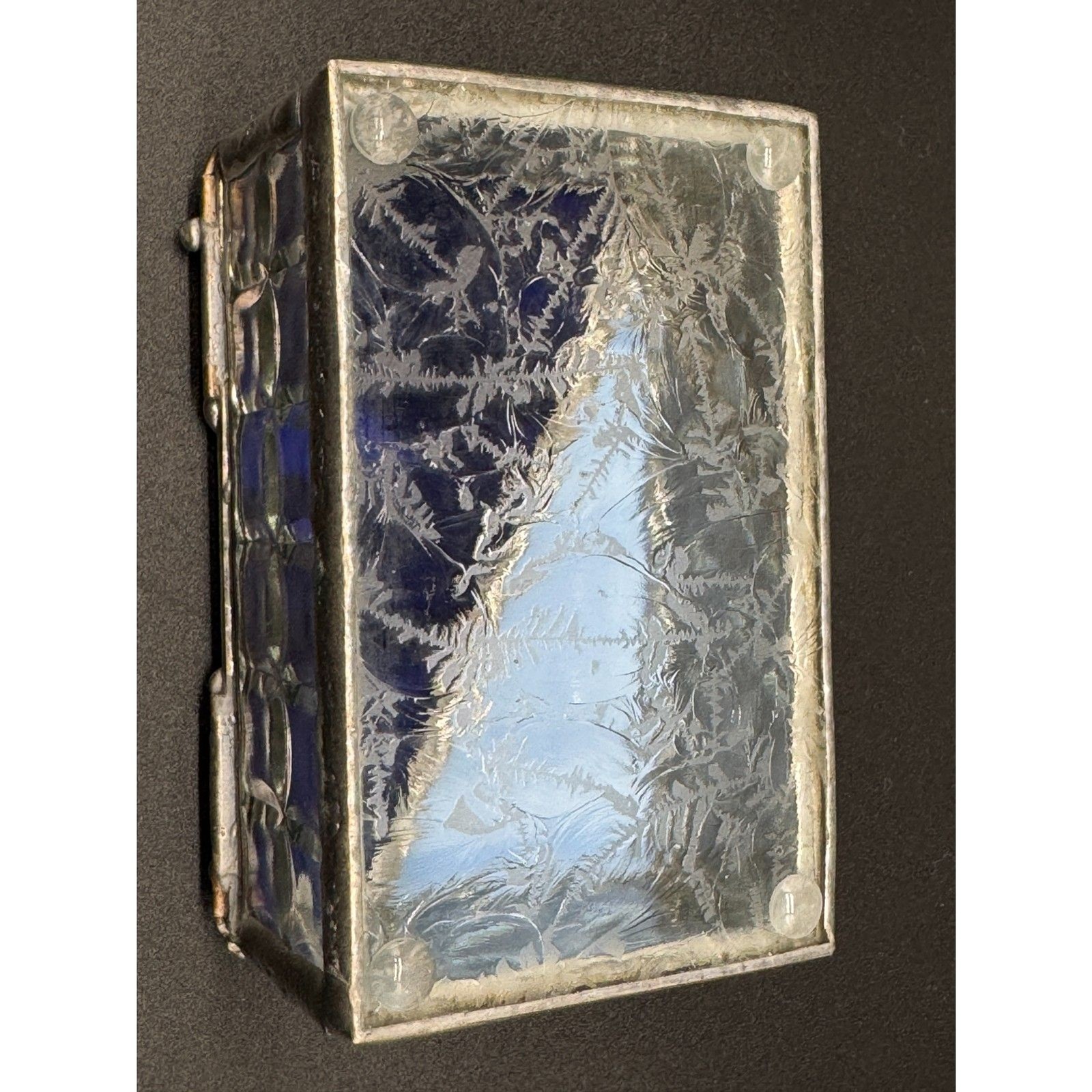Art Glass Leaded Hinged Box Cobalt and Light Blues. 3″x 2″