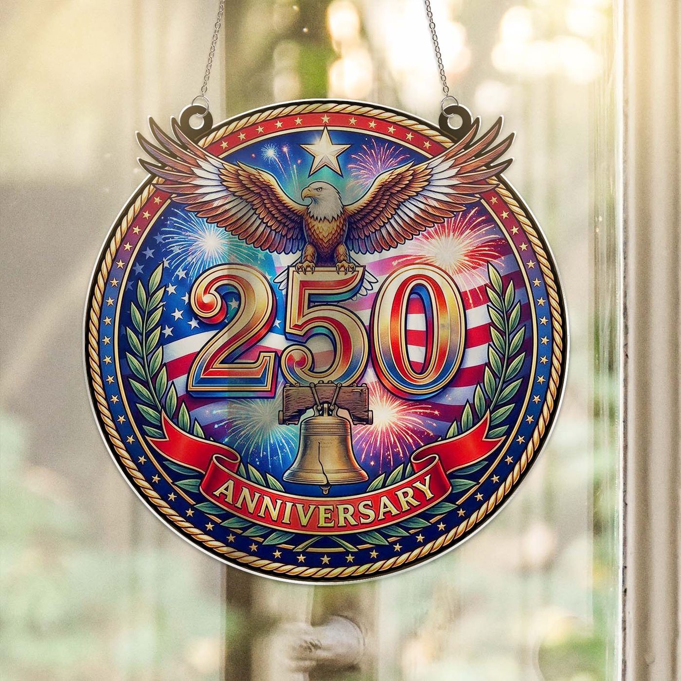 250 Years USA Anniversary Suncatcher Ornament, Patriotic Eagle Liberty Bell