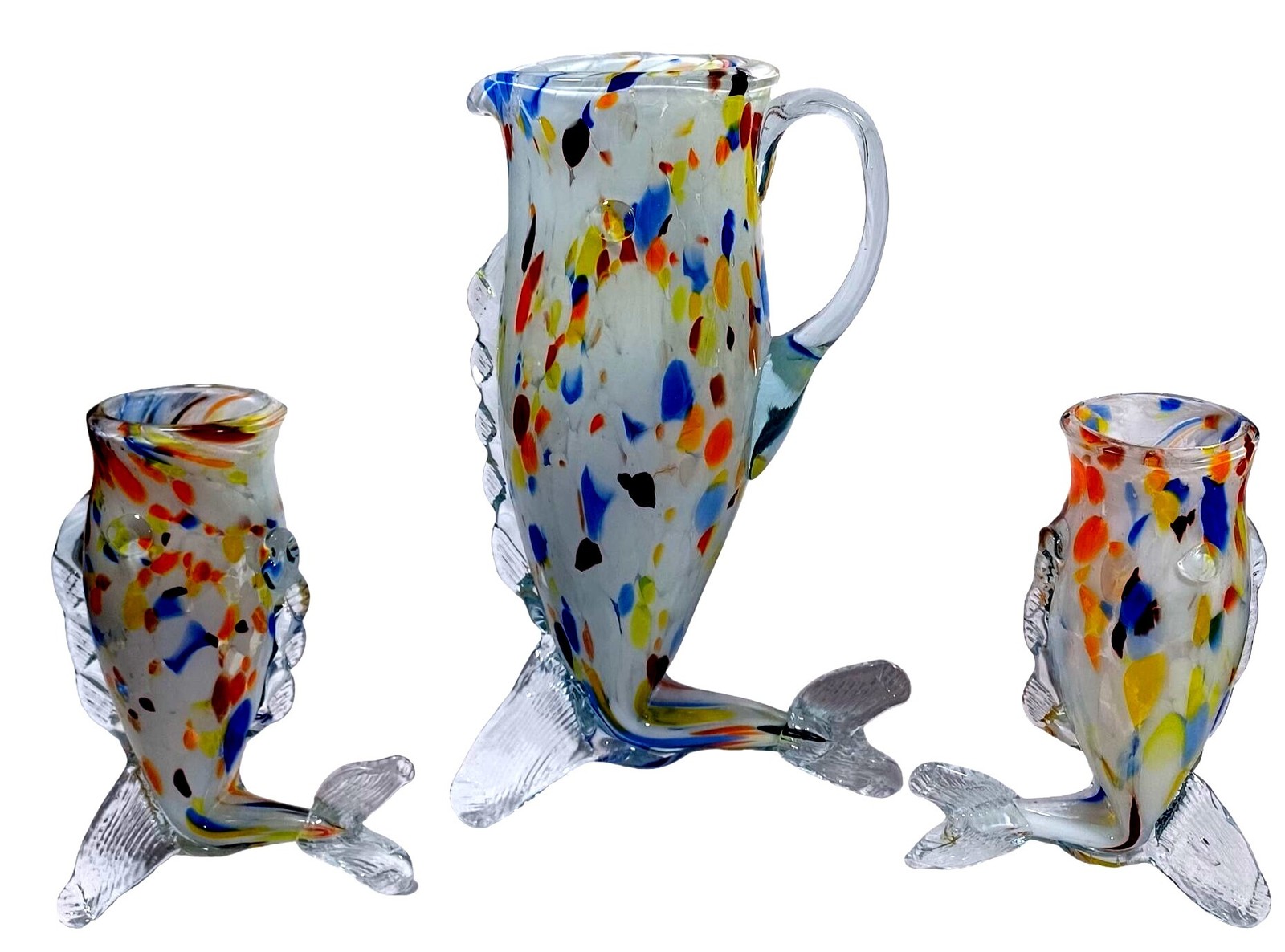 Murano Rainbow Confetti Fish Vase Pitcher Glasses Sculpture Art Glass Set of 3