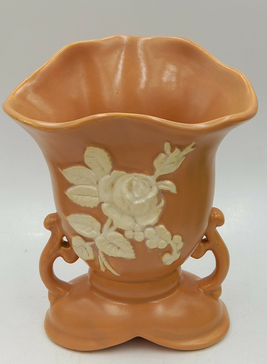 Vintage WELLER Art Pottery VASE Peach White Floral Cameo Relief Handles