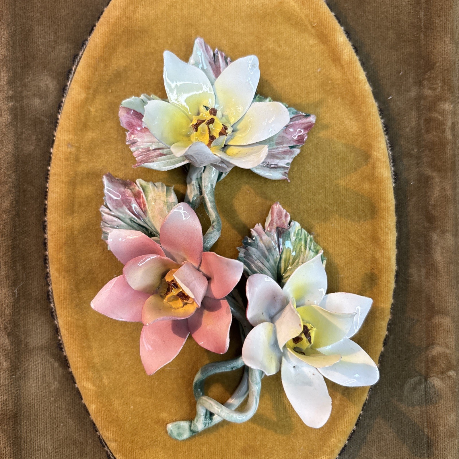 Italian Capodimonte Porcelain Flowers On Gold Velvet Wall Art