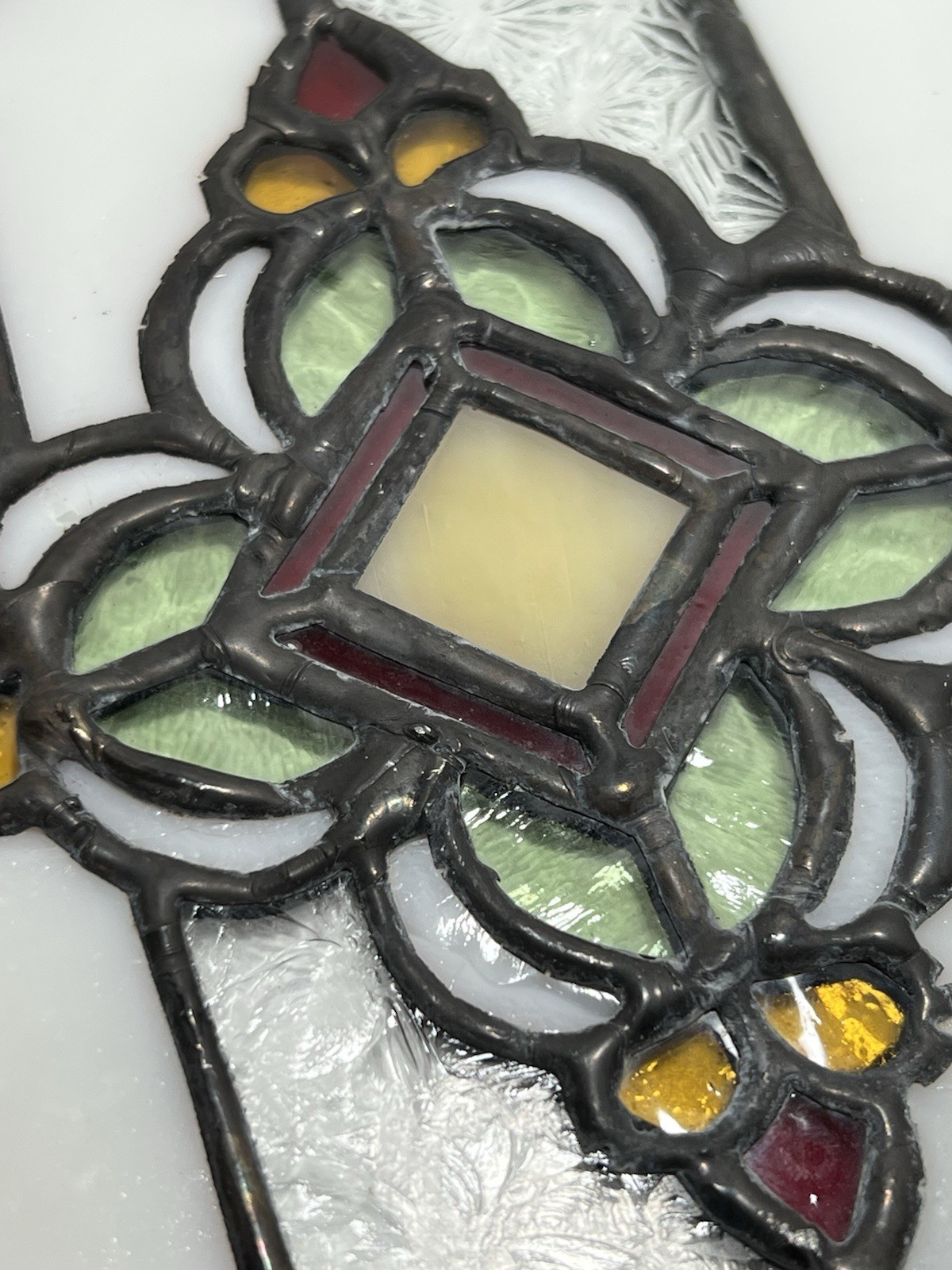 Handmade Leaded Stained Glass Window Panel Suncatcher Iridescent 9.5 x 7.25” VTG