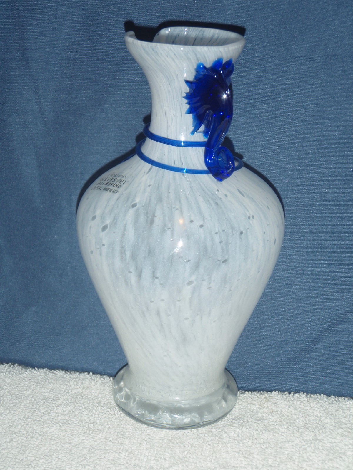 Creazioni SILVESTRI ARTE MURANO Crystal Vase * White Cobalt Blue Swirl * Italy