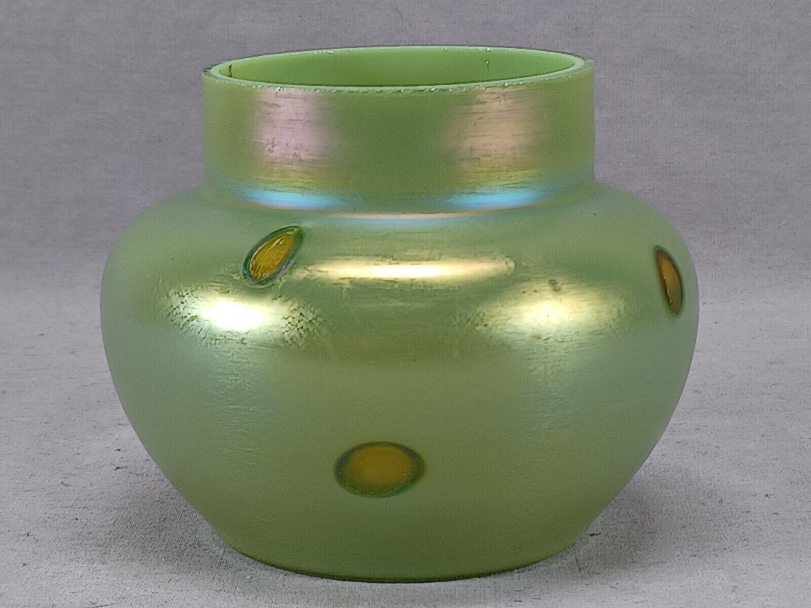 Bohemian Rindskopf Iridescent Gold Spotted Green Glass Vase Circa 1900