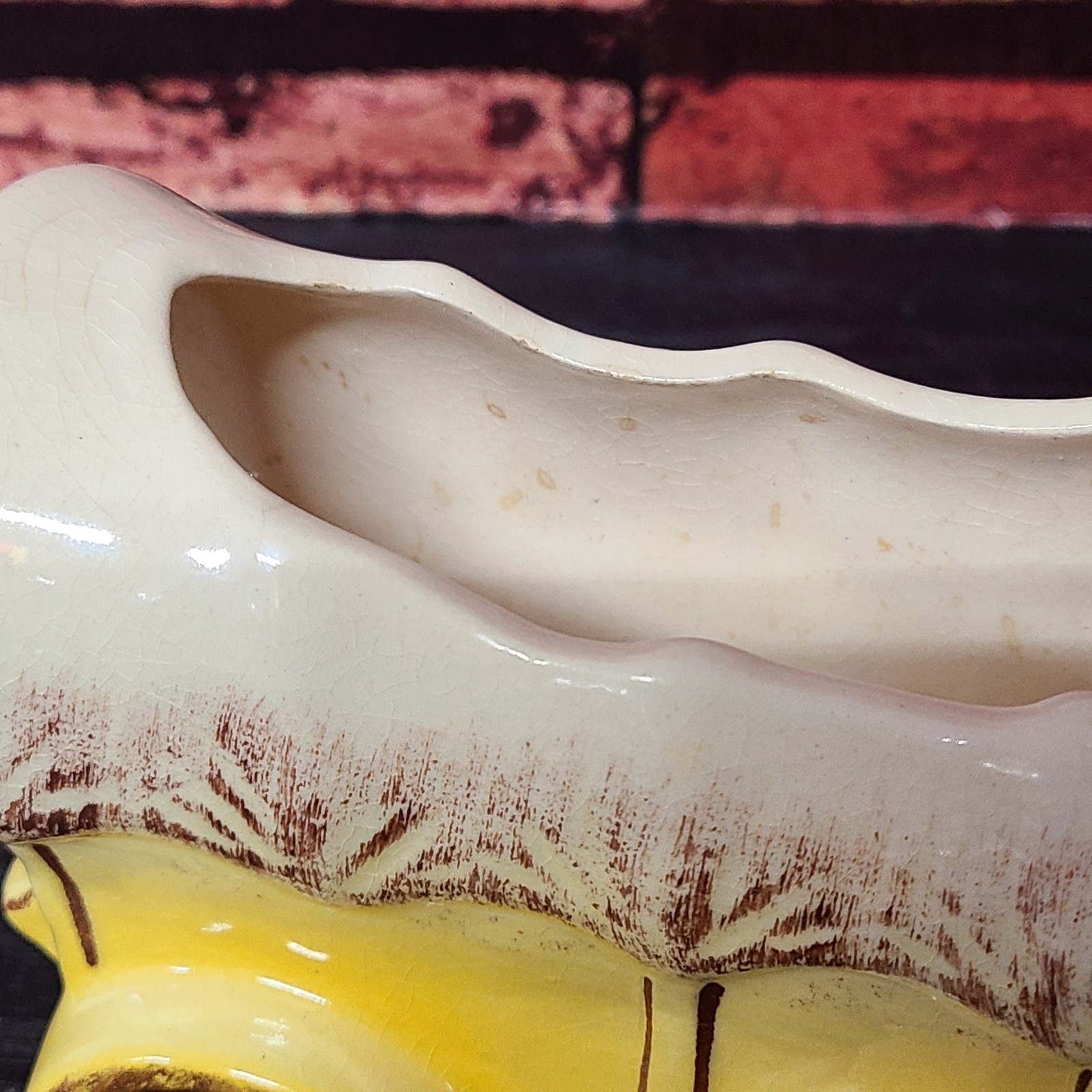 Vintage Ceramic Covered Wagon Planter Yellow Cream Brown Decorative 6 3/4 Long