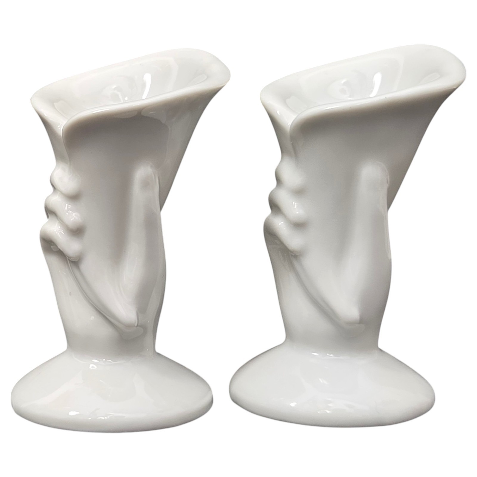 Hand Cornucopia Candle Holder Pair Vase White Porcelain Glass Vtg Art Deco Style