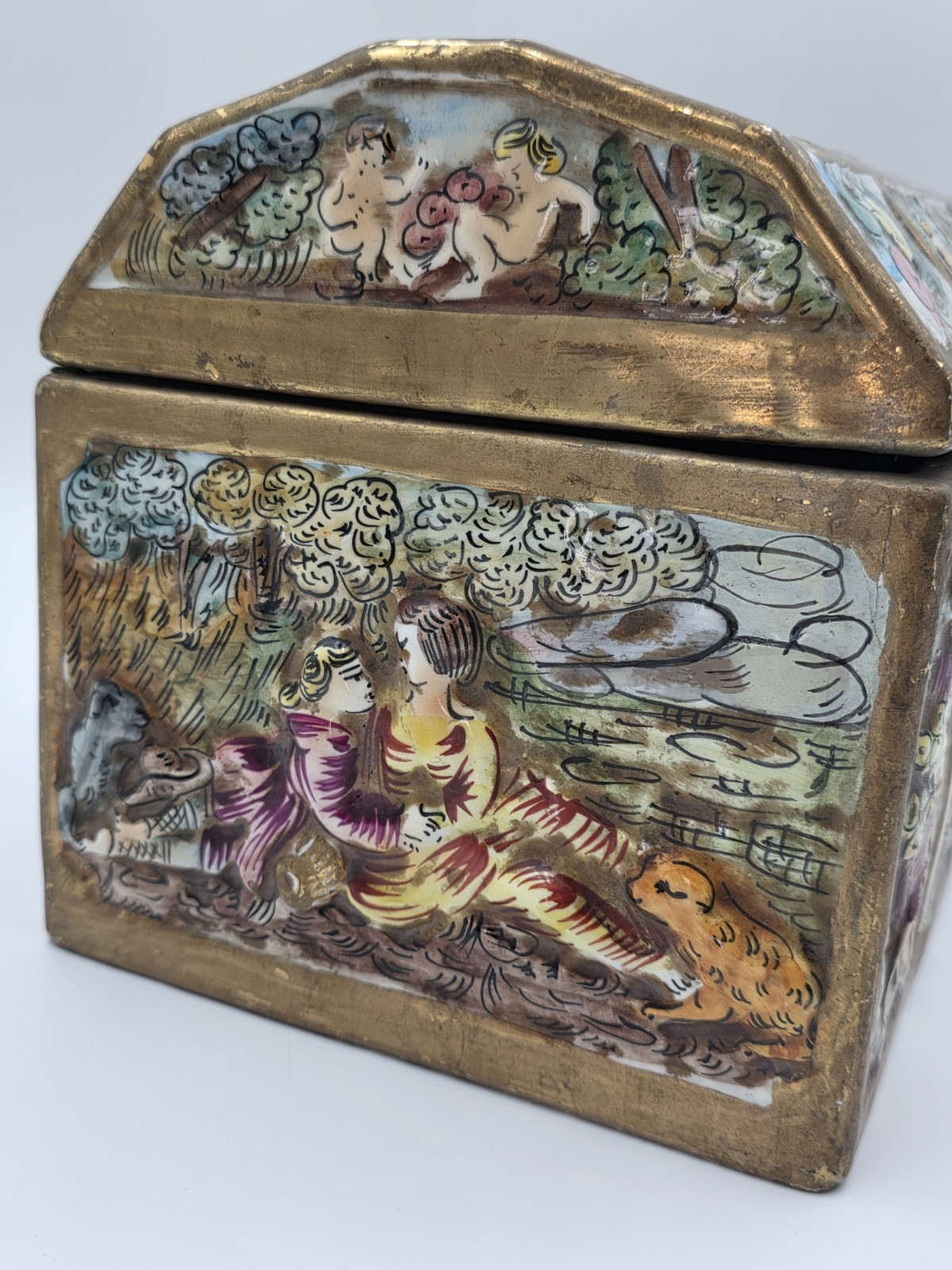 Rare Antique 19th C Large Capodimonte Gilded Porcelain Jewlery Box hand painted.