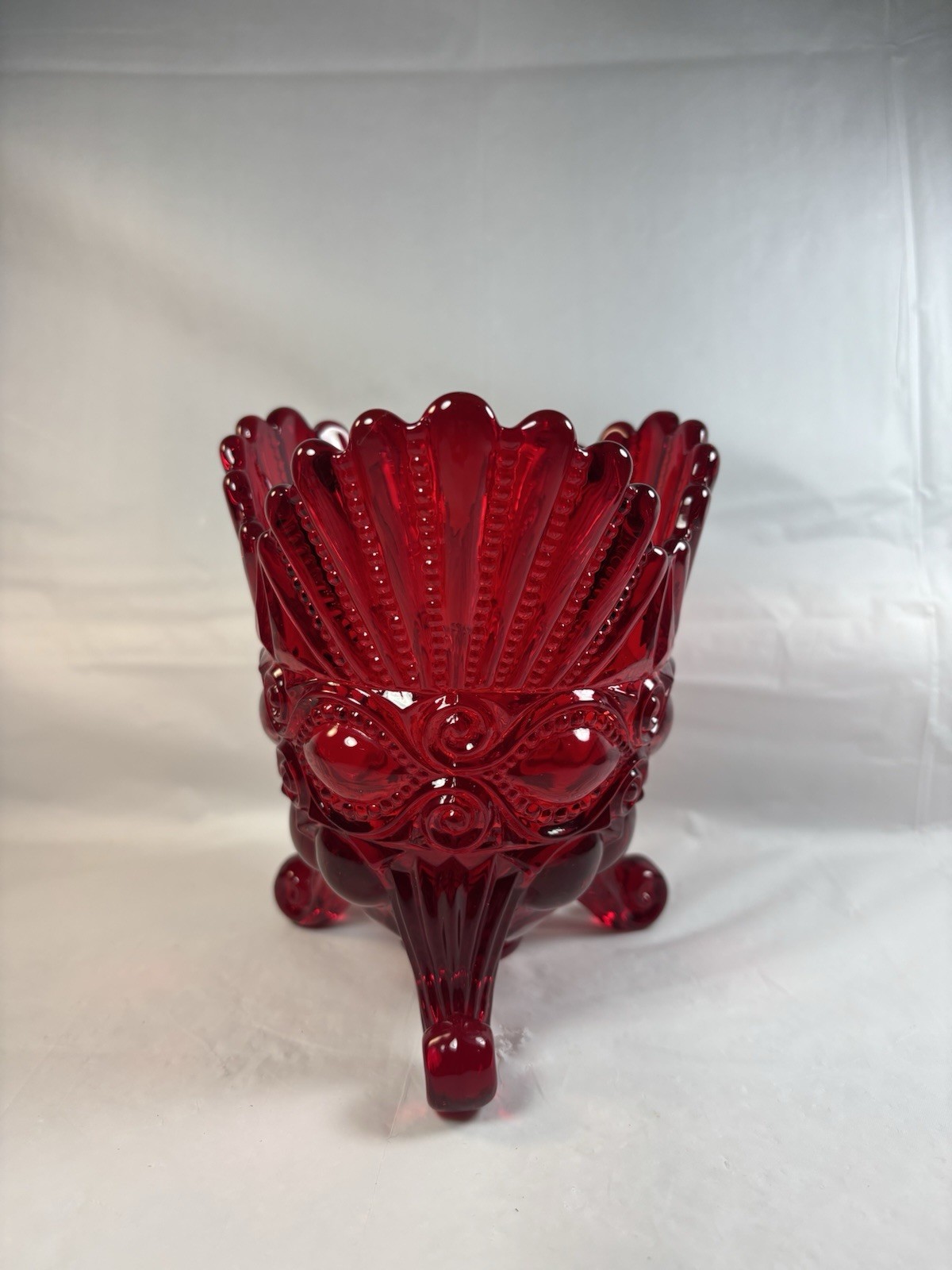 Mosser Red Glass 3 Footed Eye Winker Pattern Spooner Vase