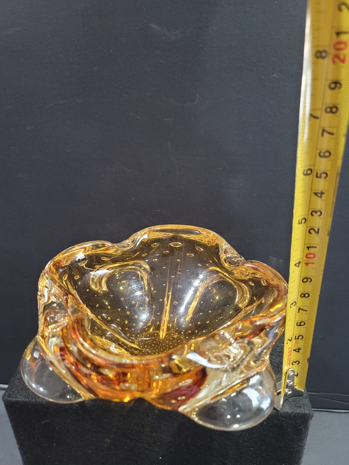 Vintage Murano Bullicante Controlled Bubble Art Glass Amber And Clear Ashtray