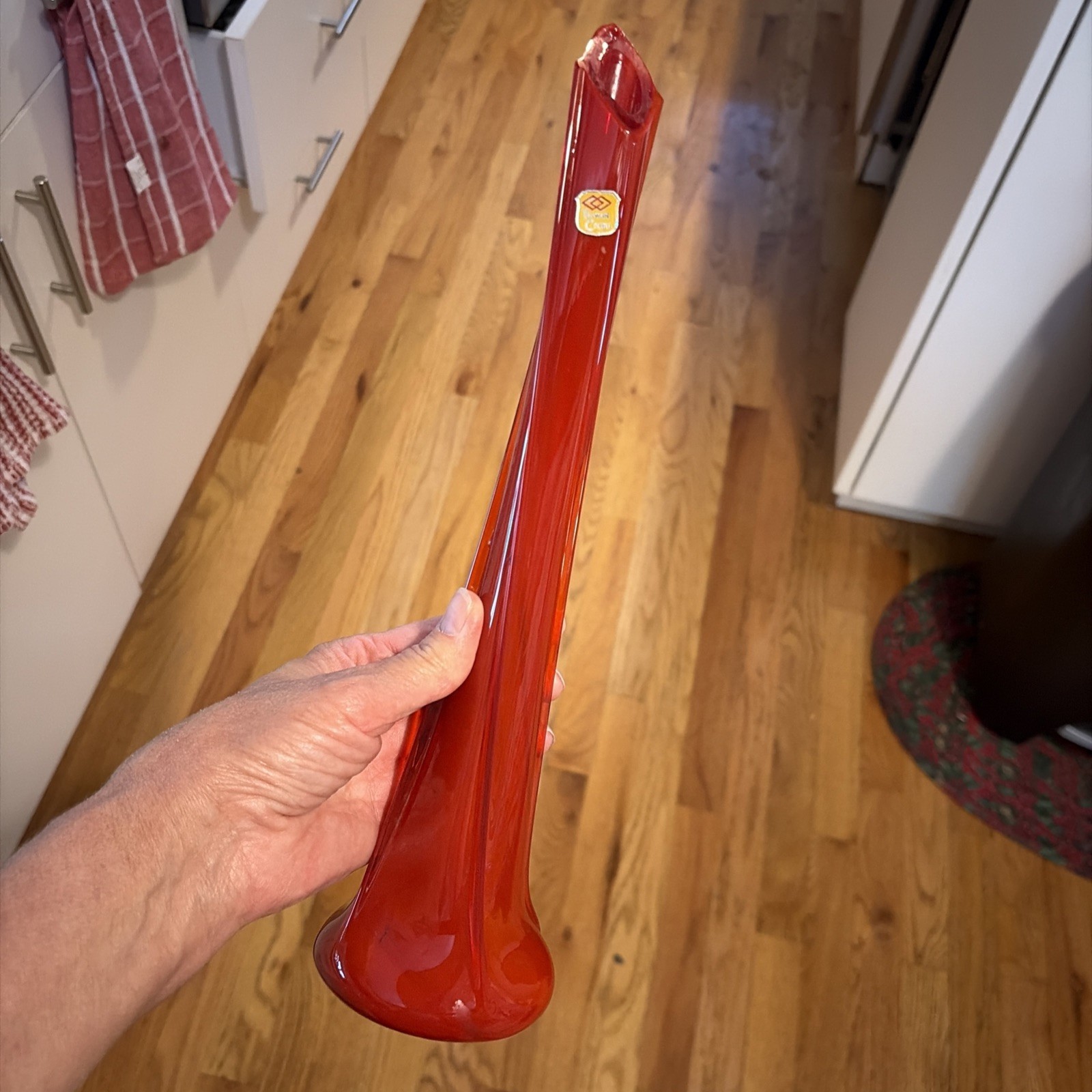 Vintage Blood Red Swung Glass Vase Swirl 13” Taiwan Unique