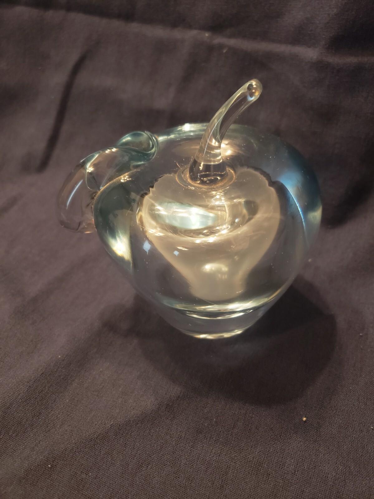 Hand blown art glass apple with stem about 6″, clear, paperweight, teacher gift